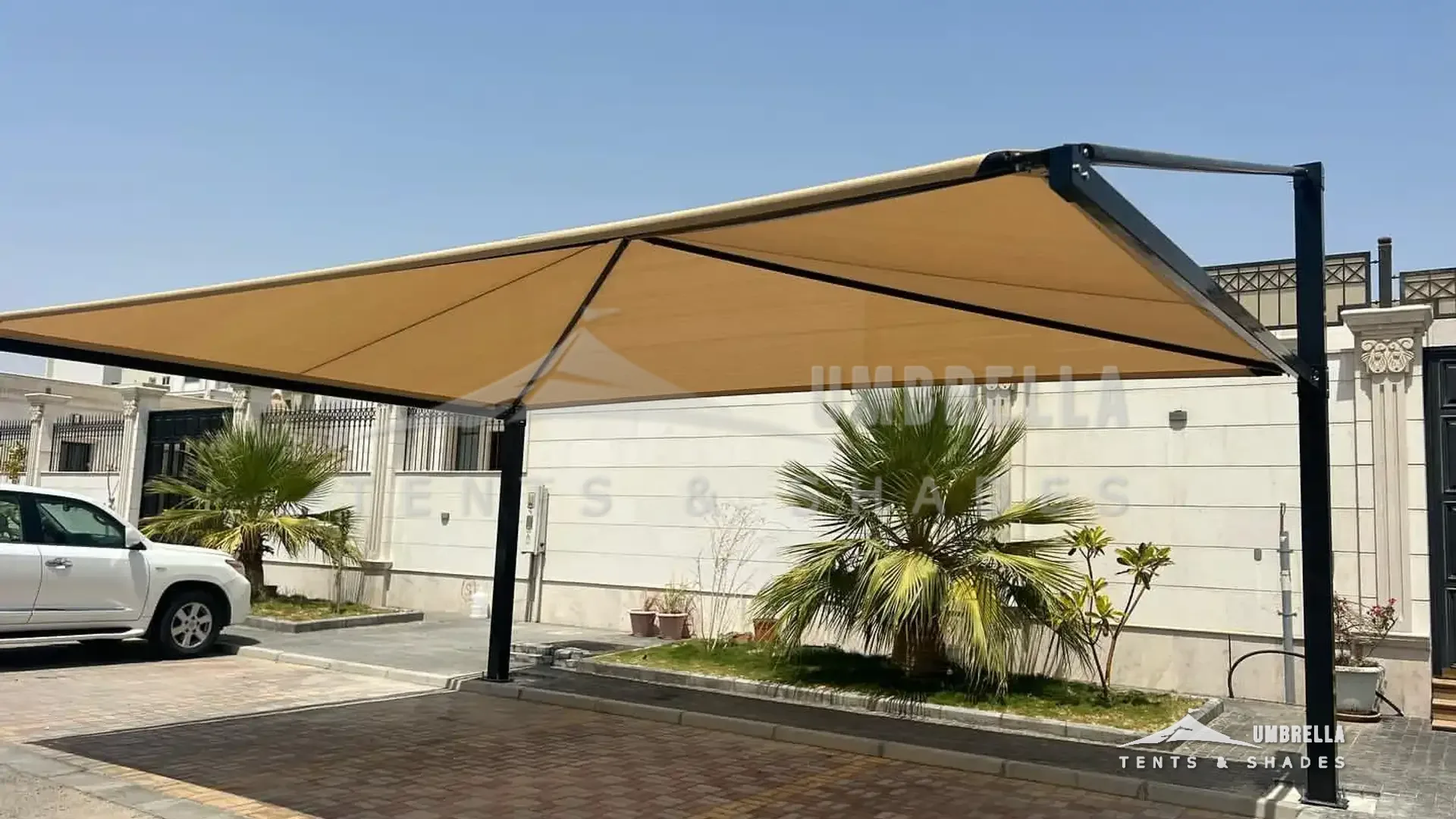 Pyramid car parking shade at a villa in Saudi Arabia